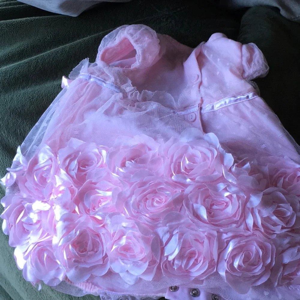Pink Baby dress, 6-9 Month, rosette petals, Soft,nylon,bottom snaps. washable. - Picture 11 of 11
